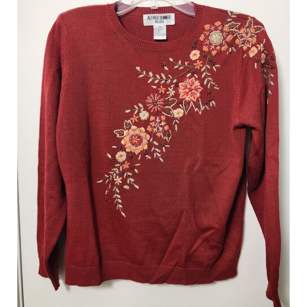 Alfred Dunner Petite Vtg Burnt Orange Knit Sweater Floral Embroidered Teacher‎ M